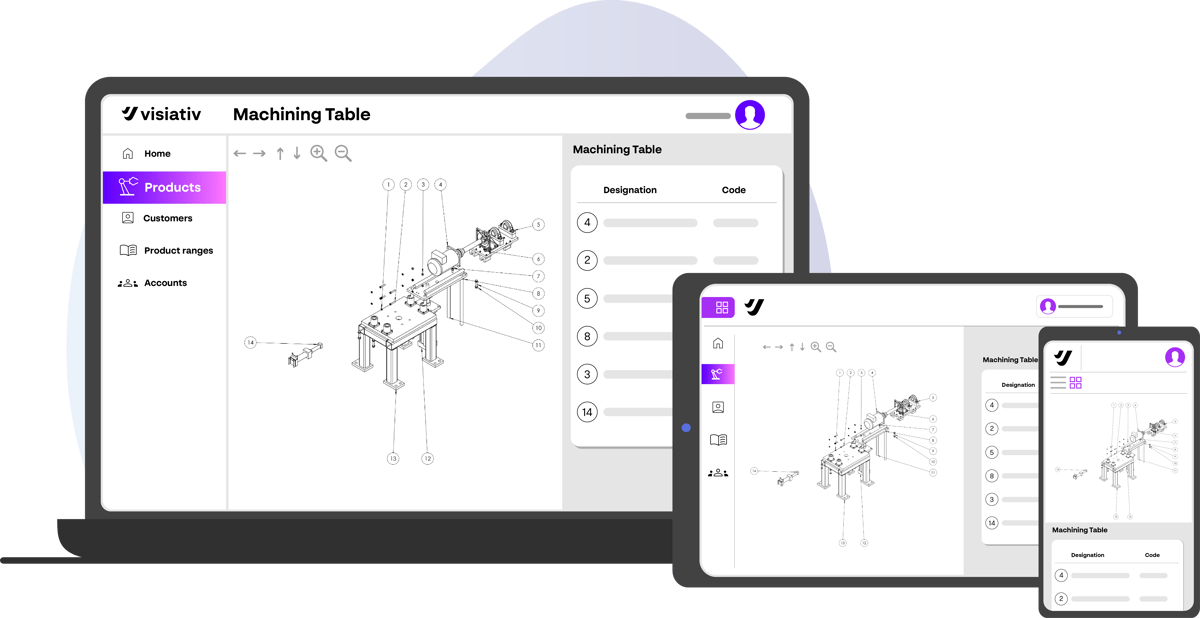 Visiativ Spare Parts catalog across desktop, tablet, and mobile